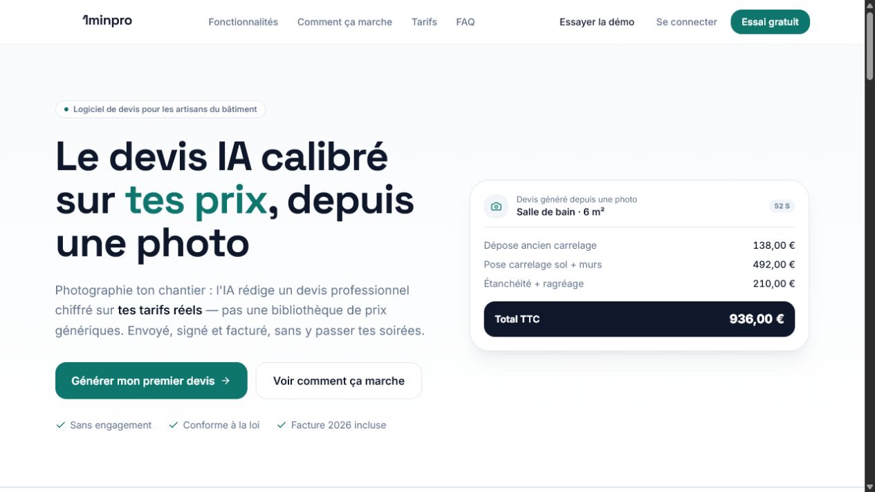 1minpro home page, AI-assisted quoting software for building trades